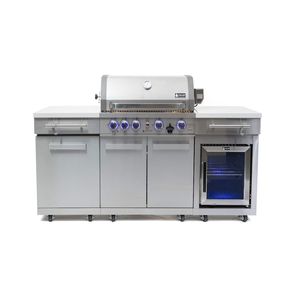 Mont Alpi Premium 70"W Stainless Steel Outdoor Kitchen Island with Refrigerator + 32"W 4-Burner BBQ Grill with Rear Burner