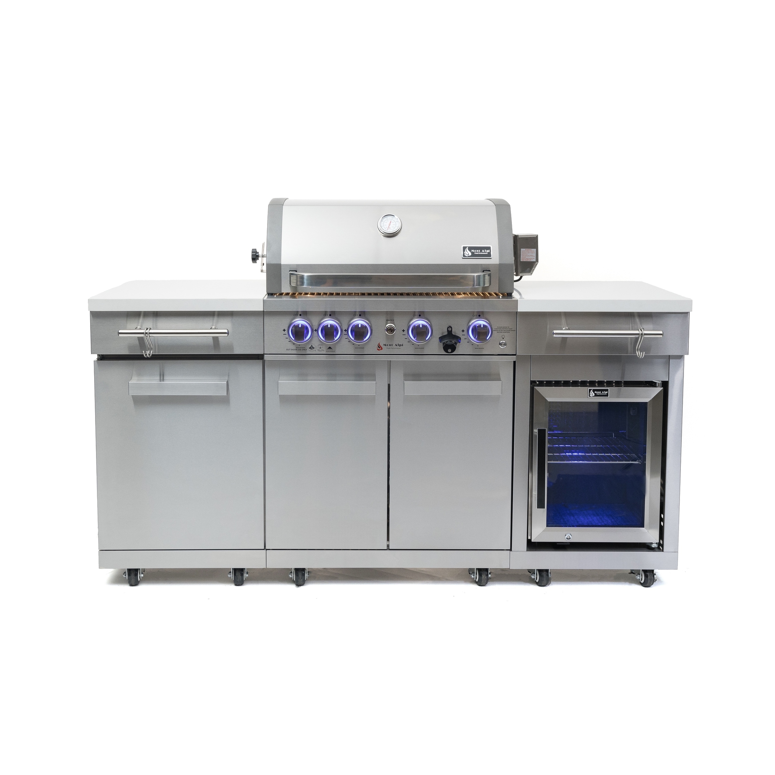 Mont Alpi Premium 70"W Stainless Steel Outdoor Kitchen Island with Refrigerator + 32"W 4-Burner BBQ Grill with Rear Burner