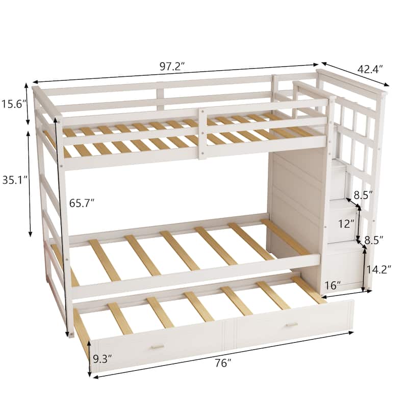 Solid Wood Bunk Bed , Hardwood Twin Over Twin Bunk Bed with Trundle and Staircase