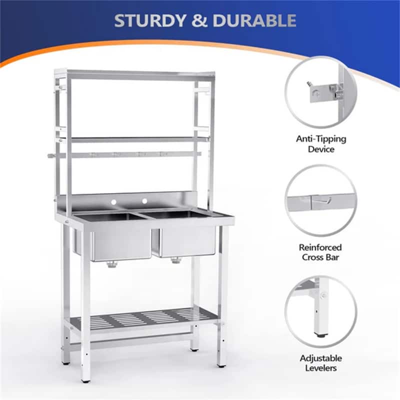 67 Inch Double Bowls Commercial Stainless Steel Sink Kitchen with Shelves - 35.8"W x 21.3"D x 68.1"H