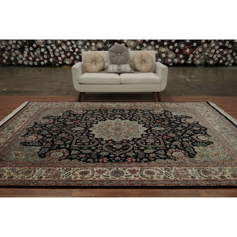 Hand Knotted Oriental 100% Wool Carpet Traditional Floral Black Tabriz Area Rug - 10' 5'' X 7' 10''