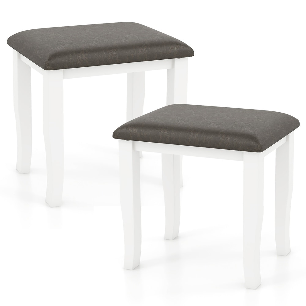 Gymax 2PCS Vanity Stool Chair Solid Wood Ottoman Set w/ Padded Seat