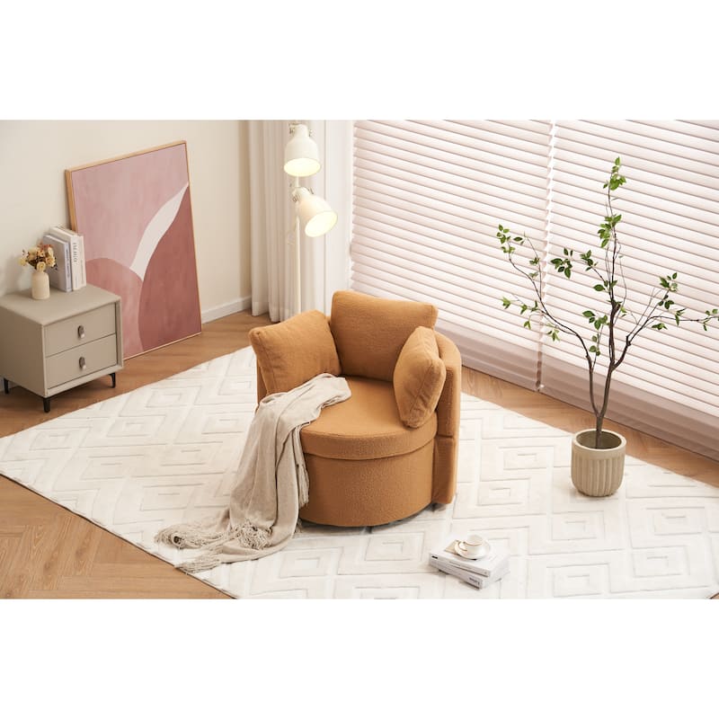 Swivel and Storage Chair, Teddy Fabric Barrel Chair with Pillows