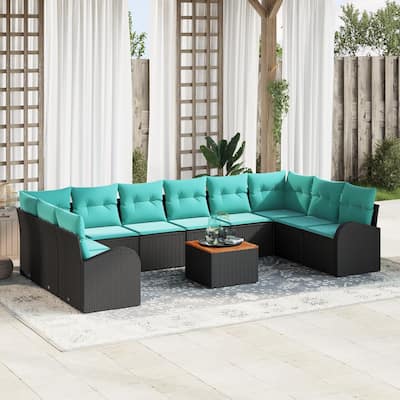 vidaXL 11 Piece Garden Sofa Set with Cushions Black Poly Rattan Acacia - 135.4×70.5×27.2