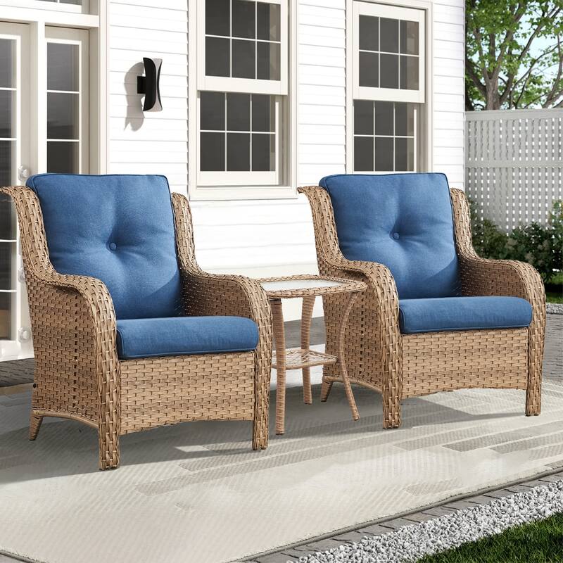 Pocassy Outdoor Patio Chairs Ottoman Table with 4 Inch Cushion - 3 Pieces Patio Chair w/ Table - Yellow Rattan Blue Cushion