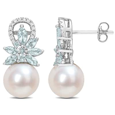 Miadora 9-9.5mm Cultured Freshwater Pearl and Aquamarine and 1/8 CT TW Diamond Flower Earrings in 14k White Gold