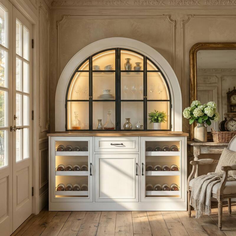 63" Arched Bar Cabinet with LED Lights Wine Bar Cabinet with Glass Doors, Liquor Storage Cabinet with Wine Rack