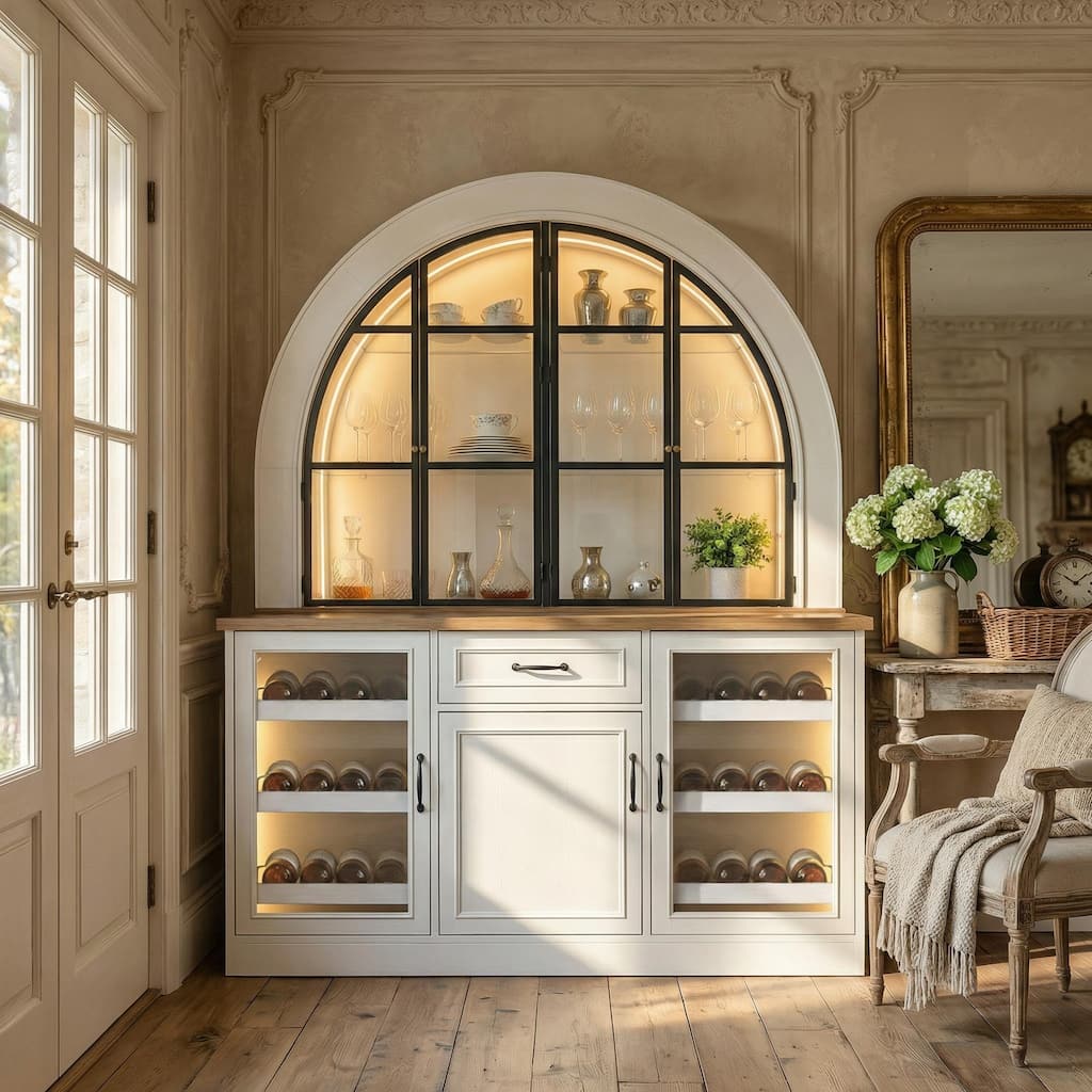 63" Arched Bar Cabinet with LED Lights Wine Bar Cabinet with Glass Doors, Liquor Storage Cabinet with Wine Rack