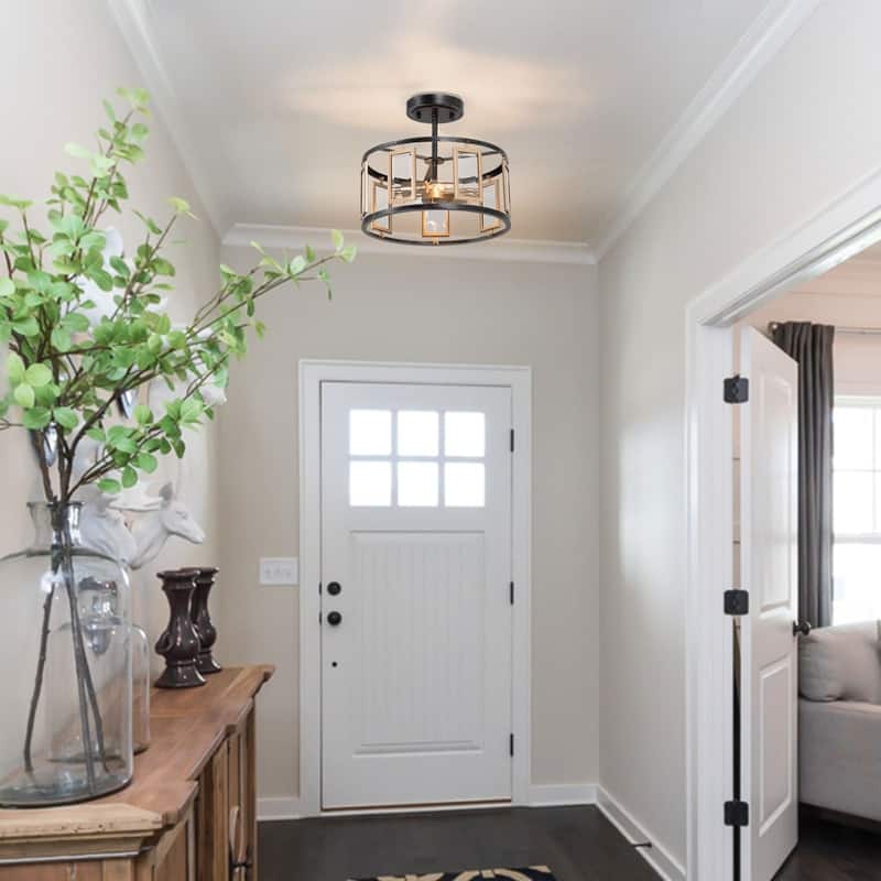 Zeci Mid-century Modern Metal Drum Semi Flush Mount Black Gold Geometric Glass Ceiling Light for Foyer