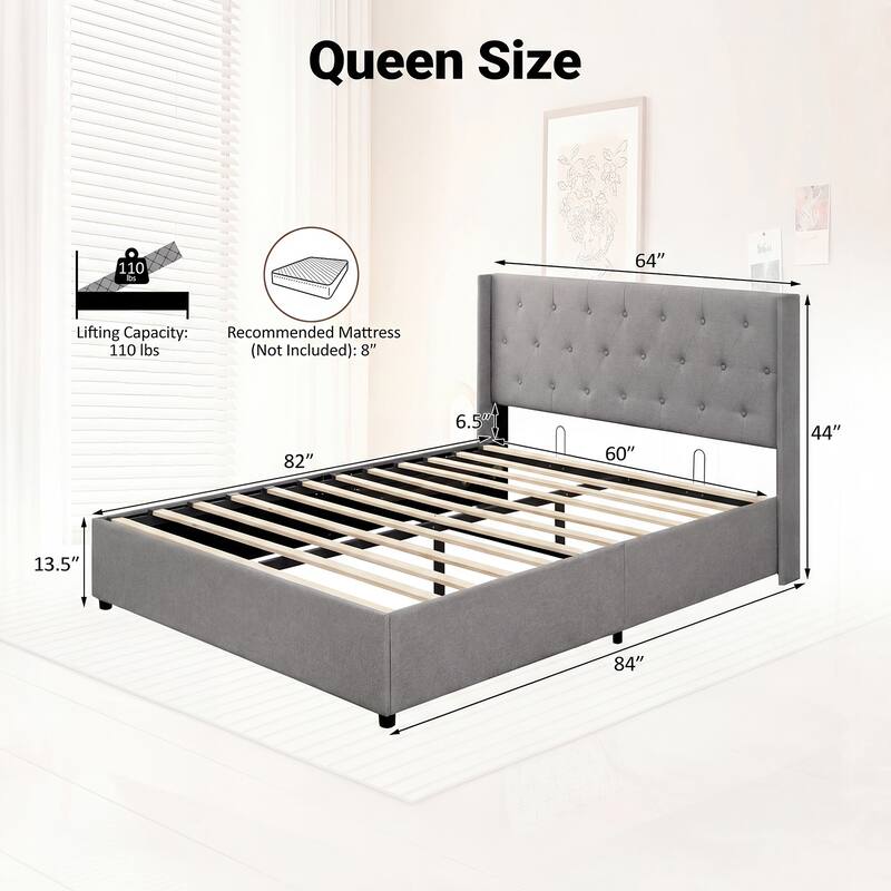 Gymax Queen Size Lift-up Storage Bed w/Tufted Wingback Headboard