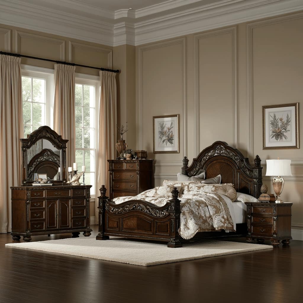 Koi 4 Piece California King Bedroom Set, Intricate Trim, Post, Cherry Brown Wood