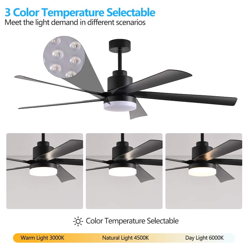 65 Inch Black Ceiling Fan with Light, 5-Blade Dimmable LED Ceiling Fan with Remote Control, Modern Quiet Design for Living Room