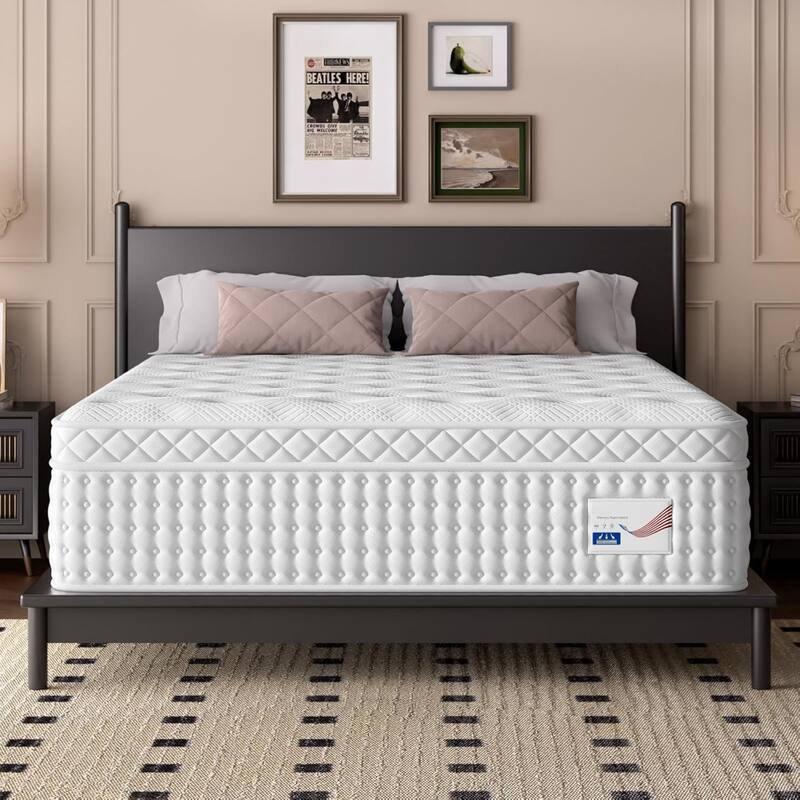Roomfitters 12 Inch King Hybrid Mattress, Euro Top Memory Foam and Pocket Spring Bed for Lumbar Support, Medium Firm, White - King