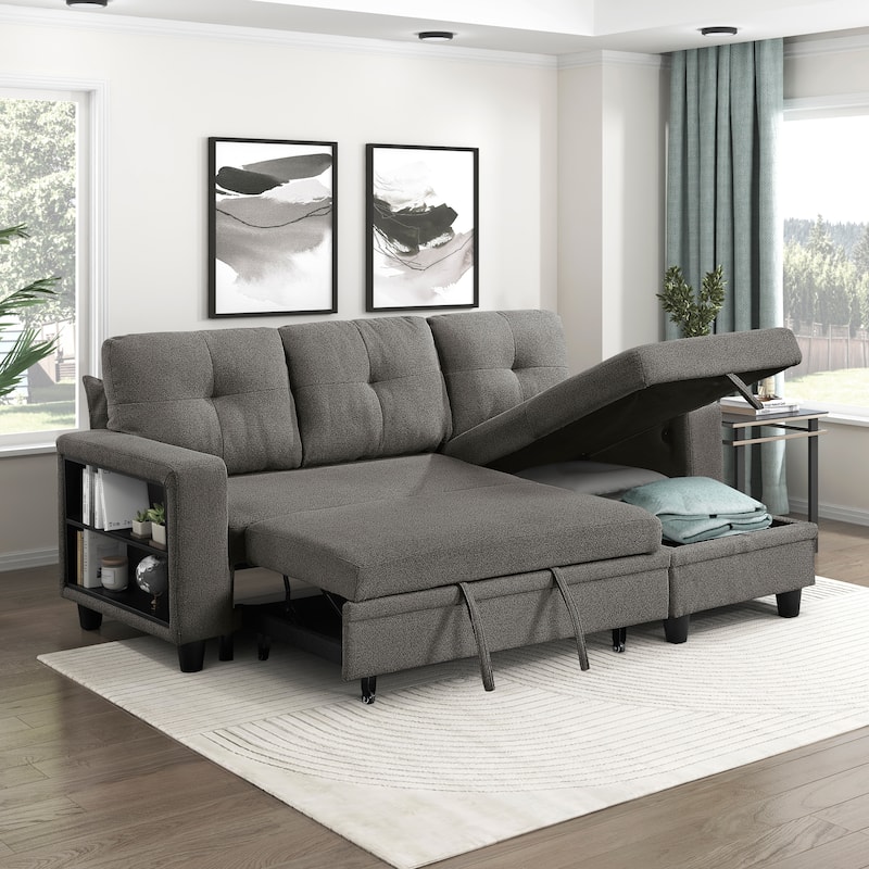 Hazel Boucle Sectional Sofa - Reversible Chaise, Pull-out Bed, Shelves