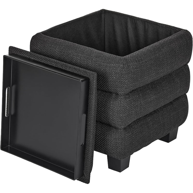 Modern Cube Ottoman with Tray Top and Hidden Storage Linen Seat