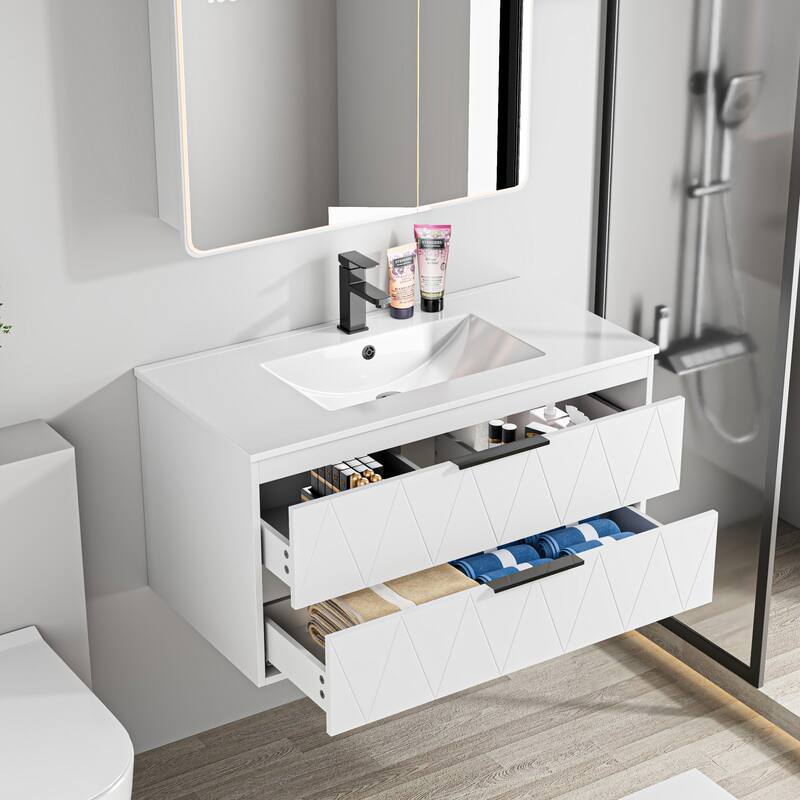 24"/30"/36"/48" Ceramic Vessel Sink Wall Mounted Bathroom Vanity Set