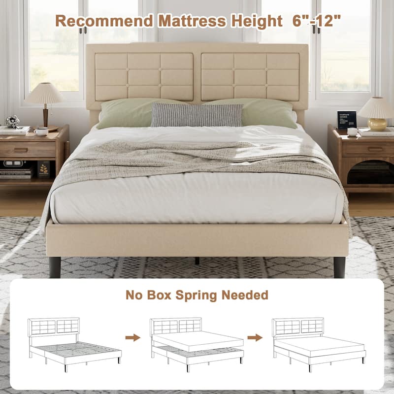 Javlergo Modern Upholstered Platform Bed Frame with Height Adjustable Tufted Headboard
