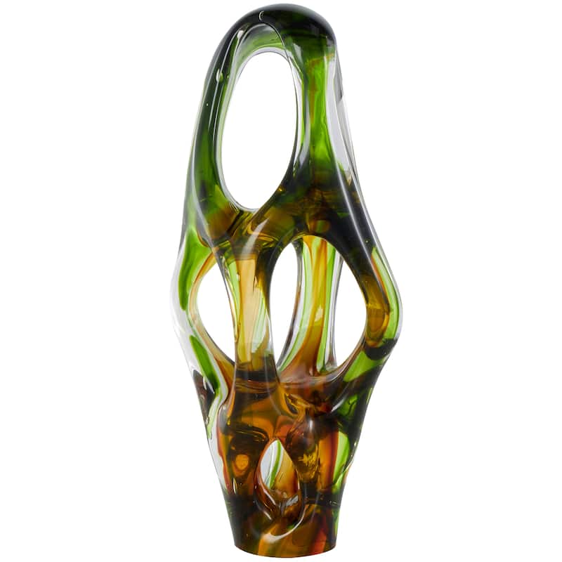 Green Glass Ombre Cutout Abstract Decorative Sculpture with Amber Accents