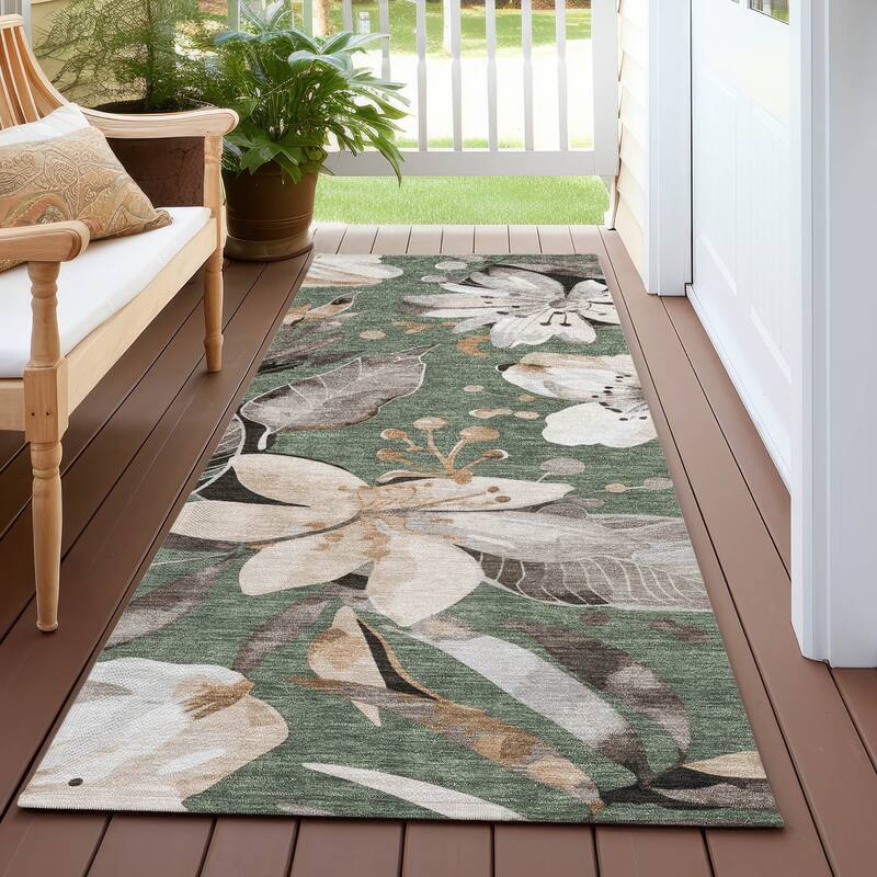 Machine Washable Indoor/ Outdoor Floral Chantille Rug - Sage - 2'3" x 7'6"