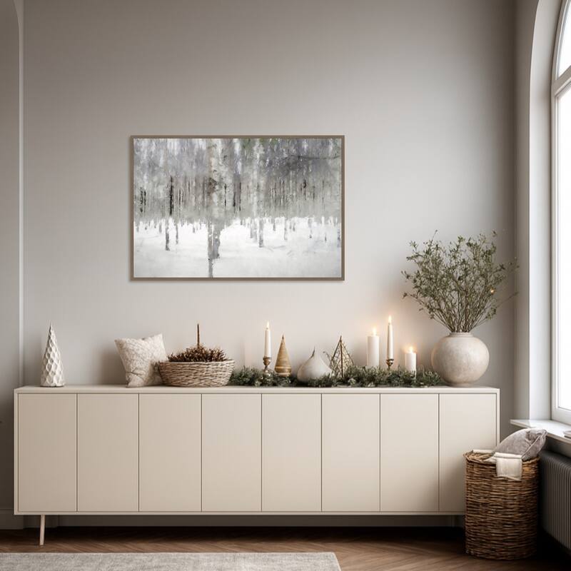 Birches In Fog by Kim Curinga Framed Canvas Wall Art Print - Sylvie Dark Gold