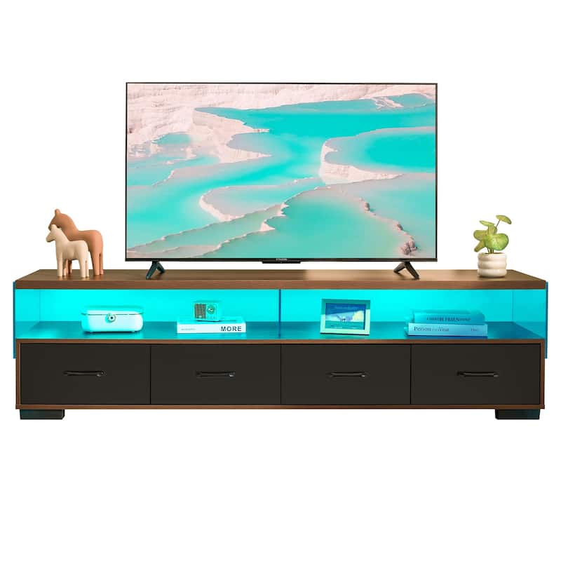 71" Acrylic TV Stand with 4 Drawers and 2 Open Shelves - Walnut+black