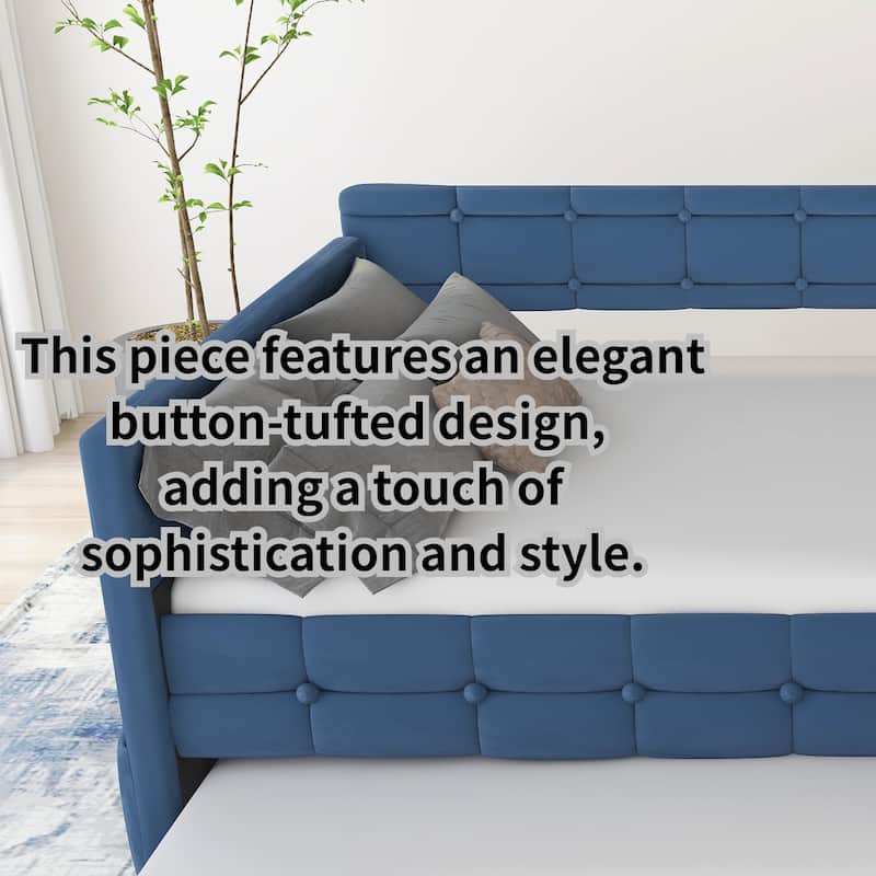 Daybed with Trundle, Velvet Upholstered Twin Size Day Bed Pull-Point Sofa Daybed Frame w/Twin Trundle, No Box Spring Needed,Blue