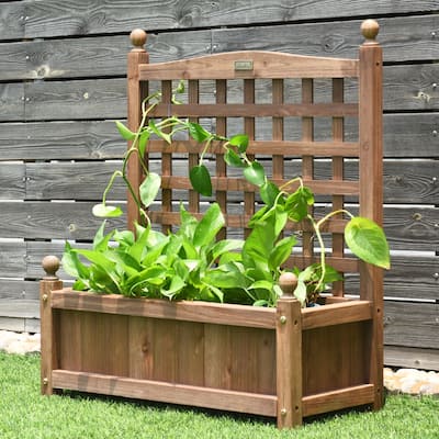 Outdoor Wooden Plant Box Flower Plant Growing Box Holder with Trellis