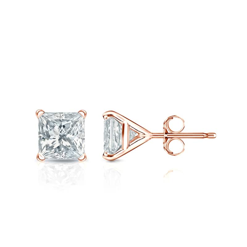 Auriya 14k Gold Lab Grown Princess Diamond Stud Earrings 0.50 to 5.00 ct. tw. 4-Prong Martini Push-Back (F-G VS) - Rose - 1.00 ct. tw.