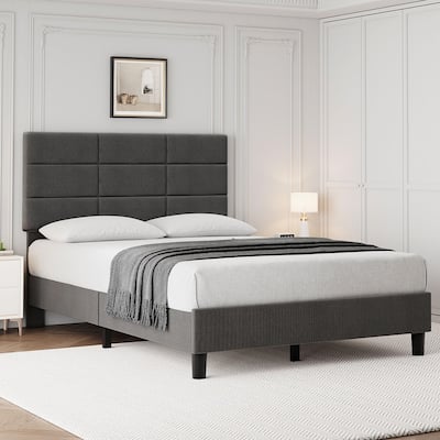 Twin Size Bed Frame with Adjustable Headboard, Linen Upholstered Twin Platform Bed Frame