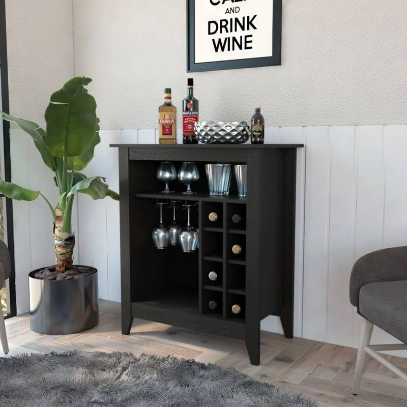 Wood Bar Cart with Wine Storage and Shelves and Cabinet - 17.7” D x 32.4” W x 38” H