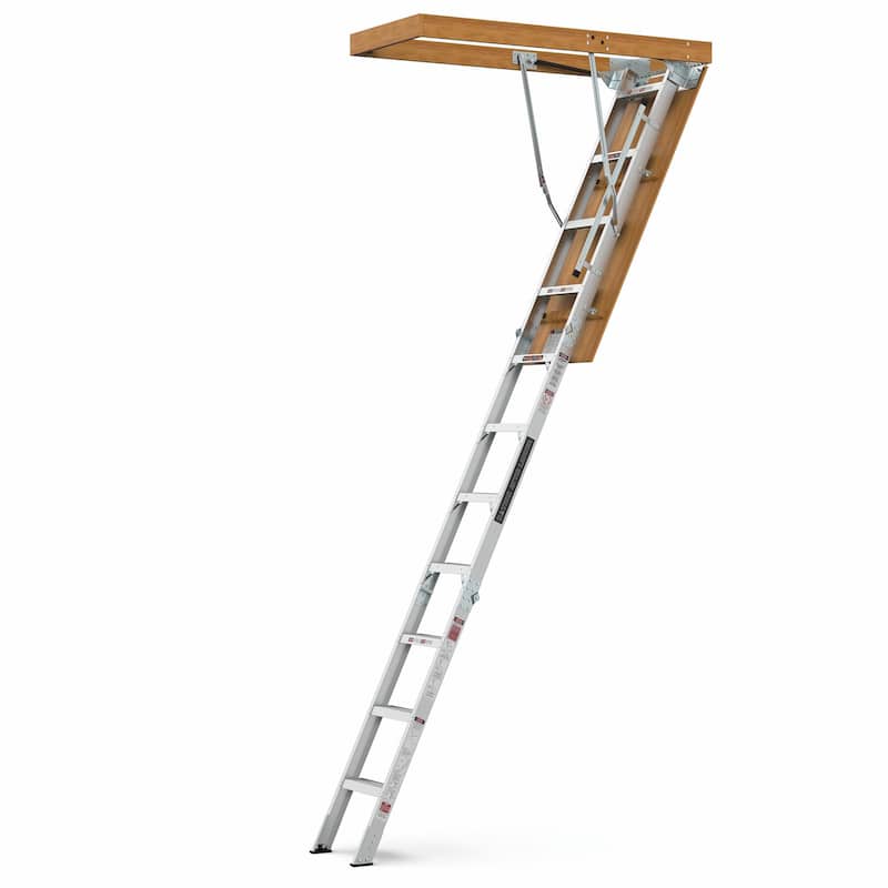 Household Aluminum Attic Ladder: 25" x 54", 375 lbs Capacity, Fits 7'8" to 10'3" Ceiling Heights - Grey