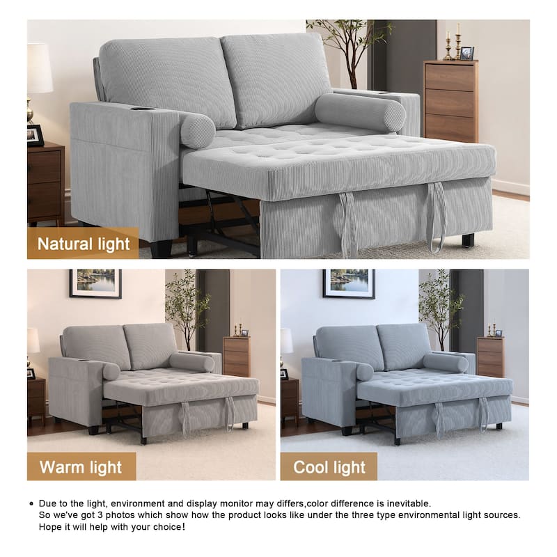 3-in-1 Corduroy Sleeper Sofa Pull-Out Bed Convertible Adjustable Loveseat with USB Port