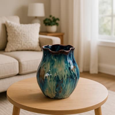 Fera Decorative Flower Vase, Ruffled Edge, 9 Inch Shiny Blue Ceramic