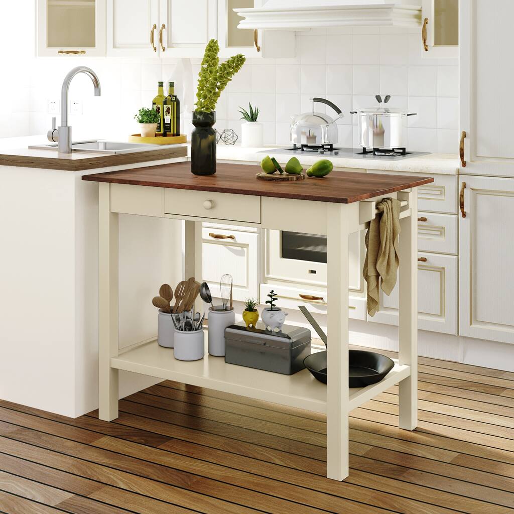 Kitchen Island with Storage, Rubber Wood Dining Table with Drawer and Towel Rack