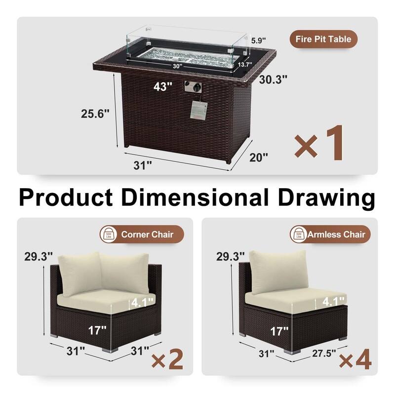 7-Piece Outdoor Deep Seating Sectional Wicker Patio Conversation Set with Fire Pit