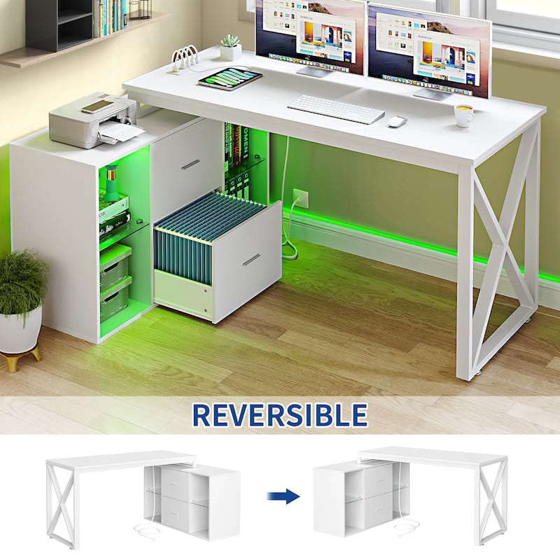 Moasis 55" Reversible L Shaped Gaming Desk with Power Outlets & LED Light Corner Computer Desk with Filing Cabinet