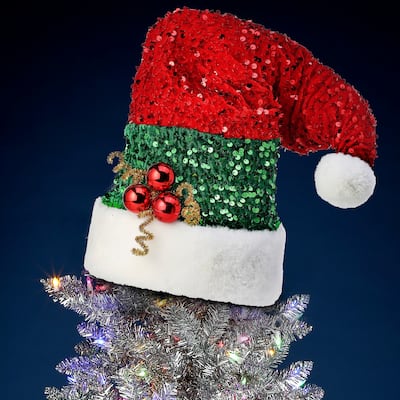 10" Glitter Sequin Santa Hat Tree Topper
