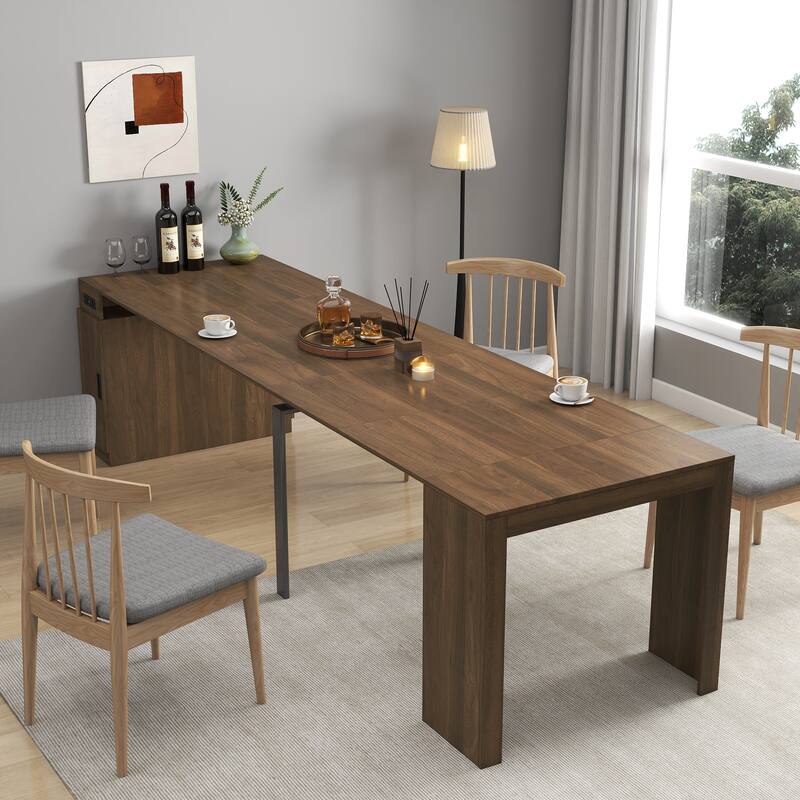Modern Extendable Dining Table with Outlet & Storage, Space-Saving Expanding Table for Party & Meetings