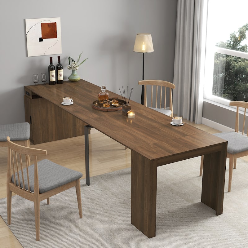 Roomfitters Modern Extendable Dining Table with Built-In Outlet, Multifunctional Expandable Console Table with Storage