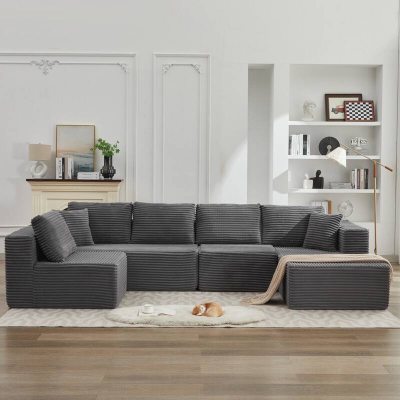 Modular Sectional Sofa with L-Shape Chaise, Oversized Corduroy Upholstered Cloud Sofa, Deep Seat Sofa with 2 Throw Pillows