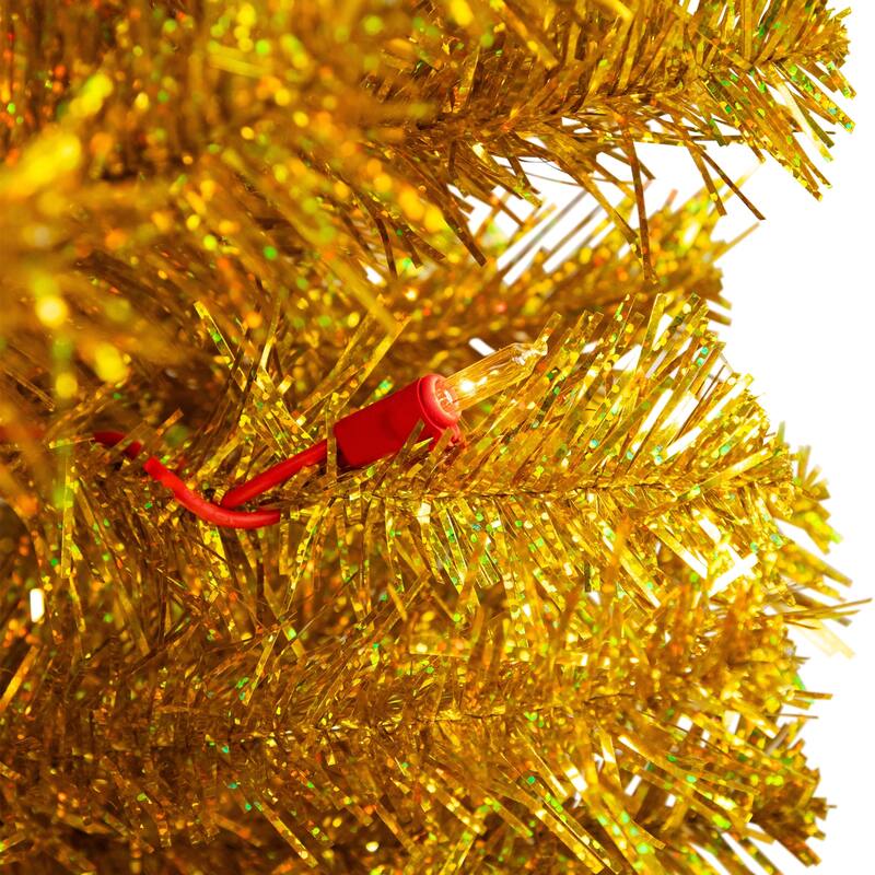 Pre-Lit Pencil Tinsel Artificial Christmas Tree - 6' - Gold - Clear Lights - Red Wire - 6 Foot