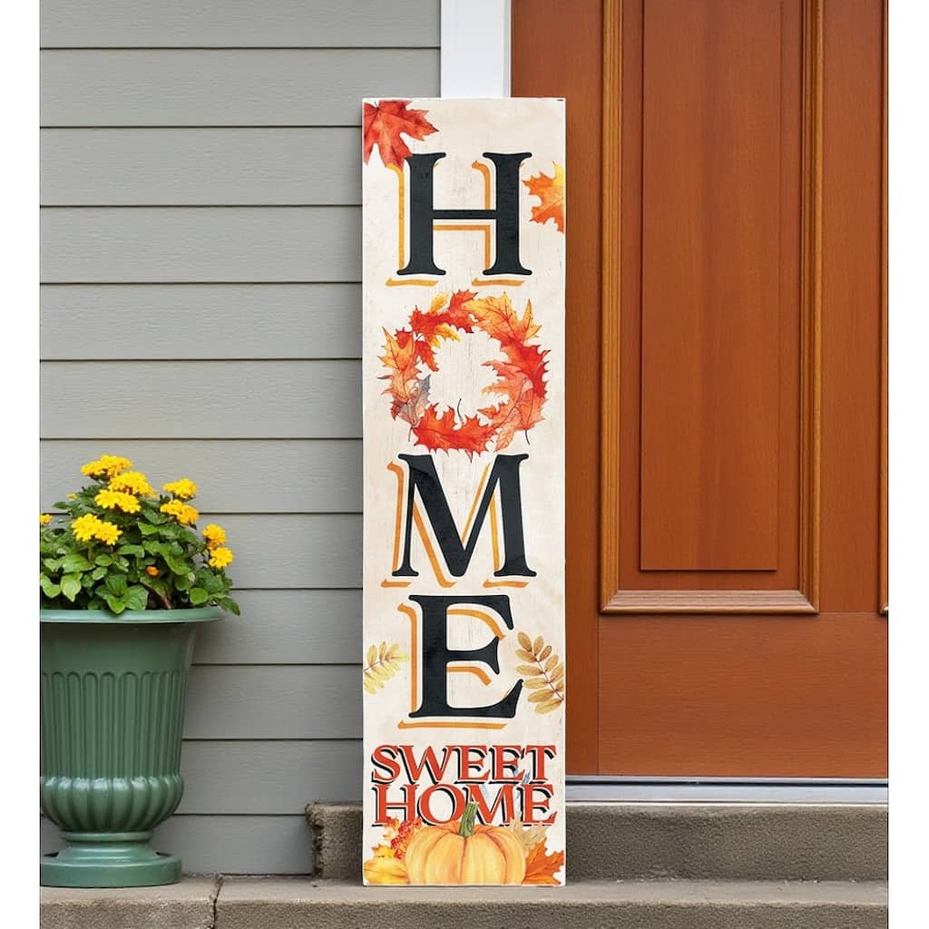 HomeRoots 36" Black Off White And Orange Solid Wood Home Sweet Leaves Porch Sign