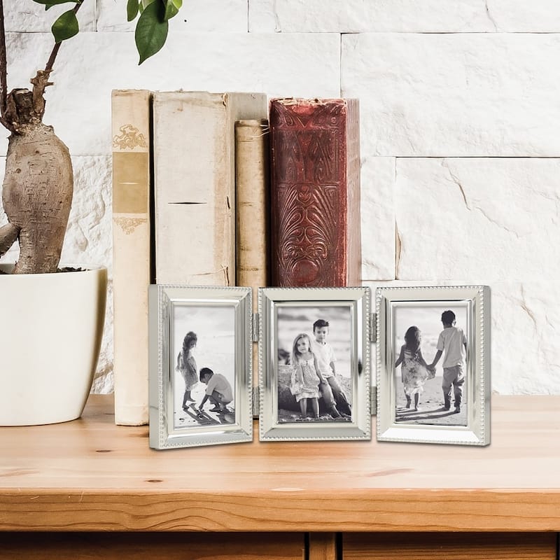 Curata Silver-Tone Portrait Hinged Polished Beaded 2x3 Triple Photo Frame