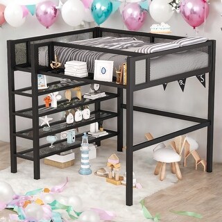 Full Size Modern Style Metal Loft Bed with 4-Tier Shelves and Storage,Good Stability,Storage Space,Creative Structure,Black