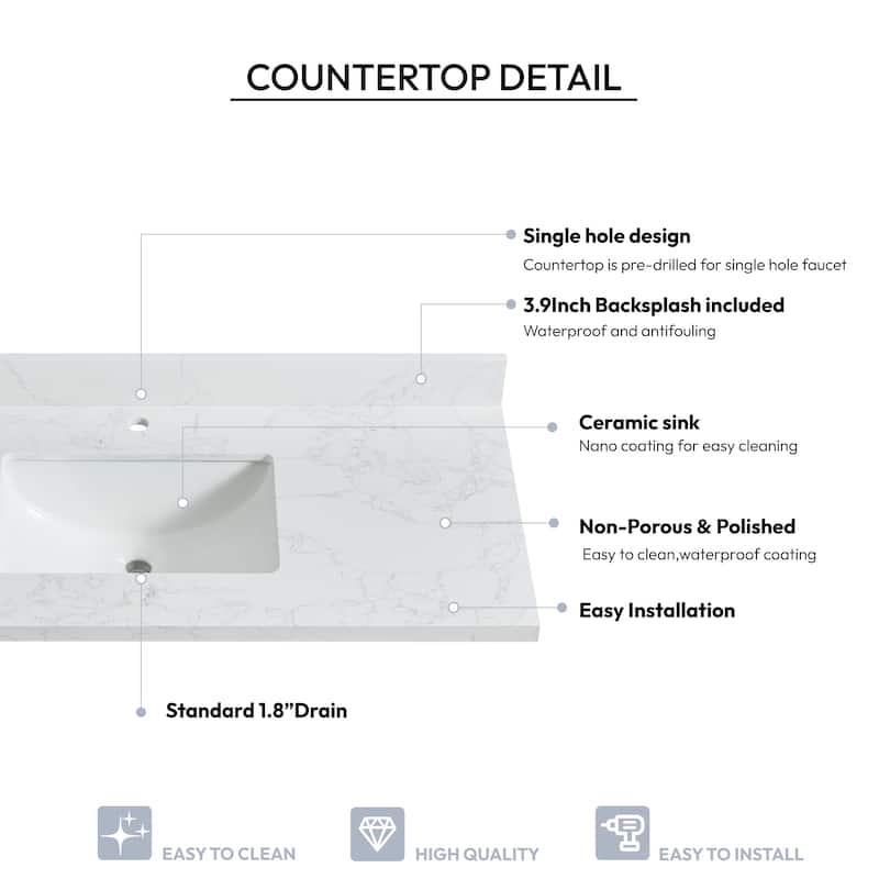Malaga Composite Stone Vanity Top with White Rectangular Sink