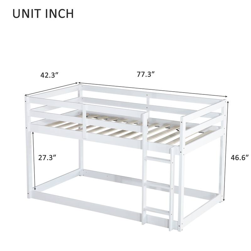 Twin over Twin Solid Rubber Wood Bunk Bed with Ladder and Strengthened Slats, White