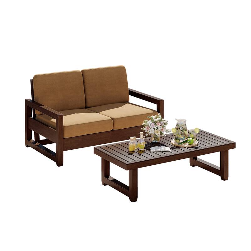 Teak Loveseat Patio Set with Cushions and Table (2-Piece)