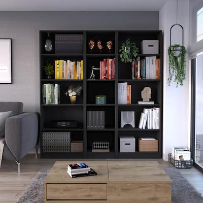 FM FURNITURE Holdbrook 3 Piece Living Room Set with 2 Sutton 4 Shelves Bookcase + Sutton Slim Bookcase, Black