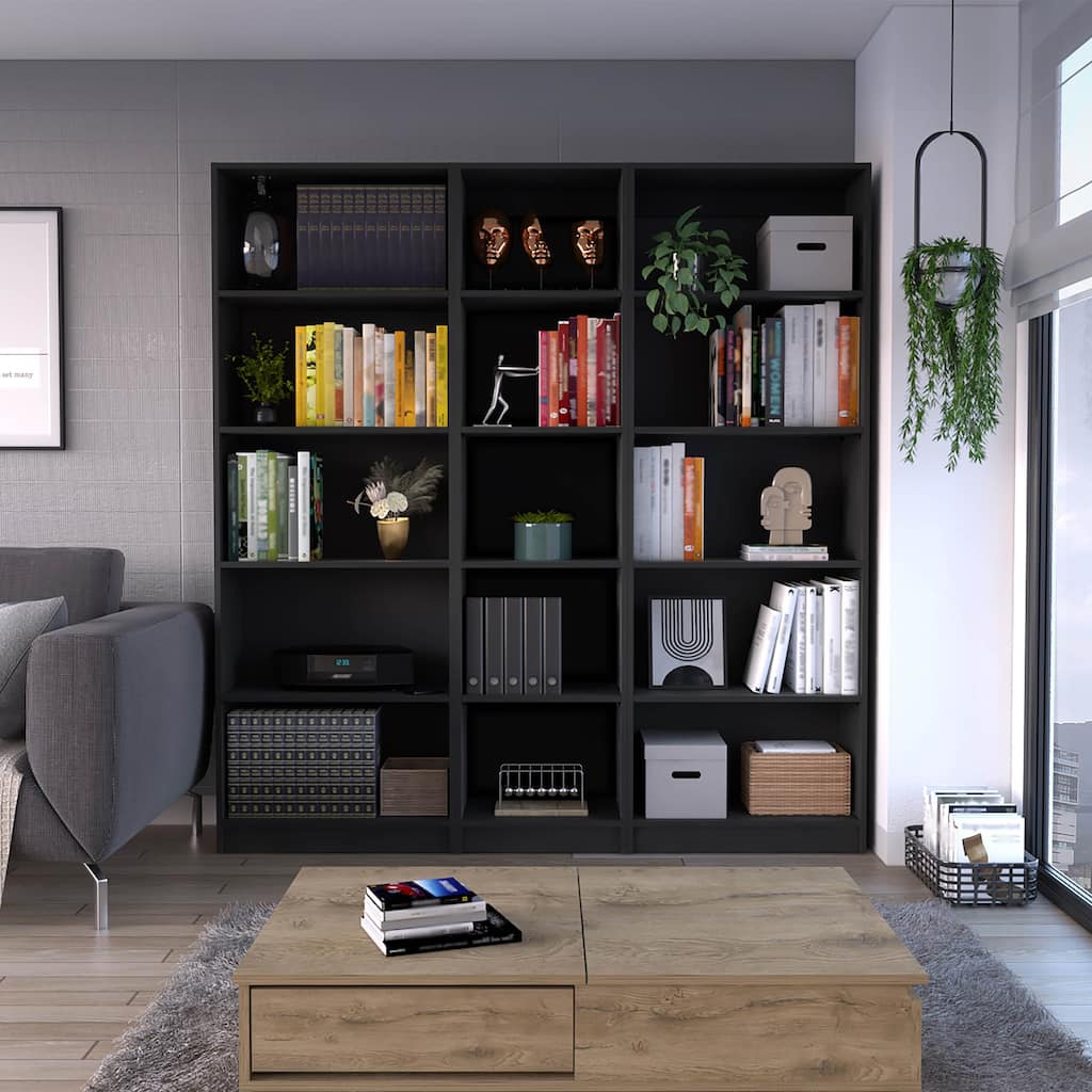 FM FURNITURE Holdbrook 3 Piece Living Room Set with 2 Sutton 4 Shelves Bookcase + Sutton Slim Bookcase, Black