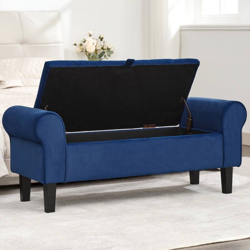 Velvet Storage Bench With Rubber Wood Legs for Bedroom